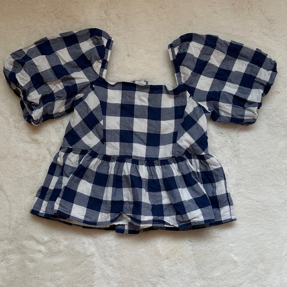 Janie and Jack Blue and White Gingham Puff Sleeve Peplum Top